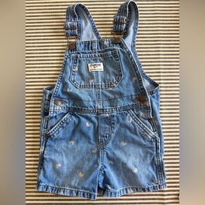 OshKosh B'gosh Denim Blue Short Overalls with Pastel Rainbow Embroidery